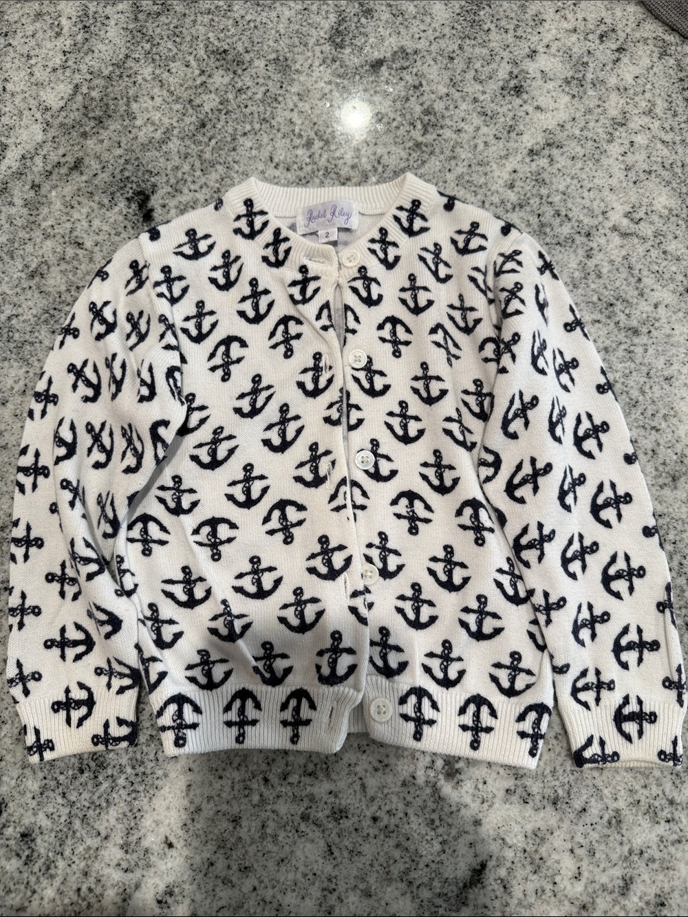 Rachel Riley Girls size 2 White Knit Cardigan with Navy Anchor Motif